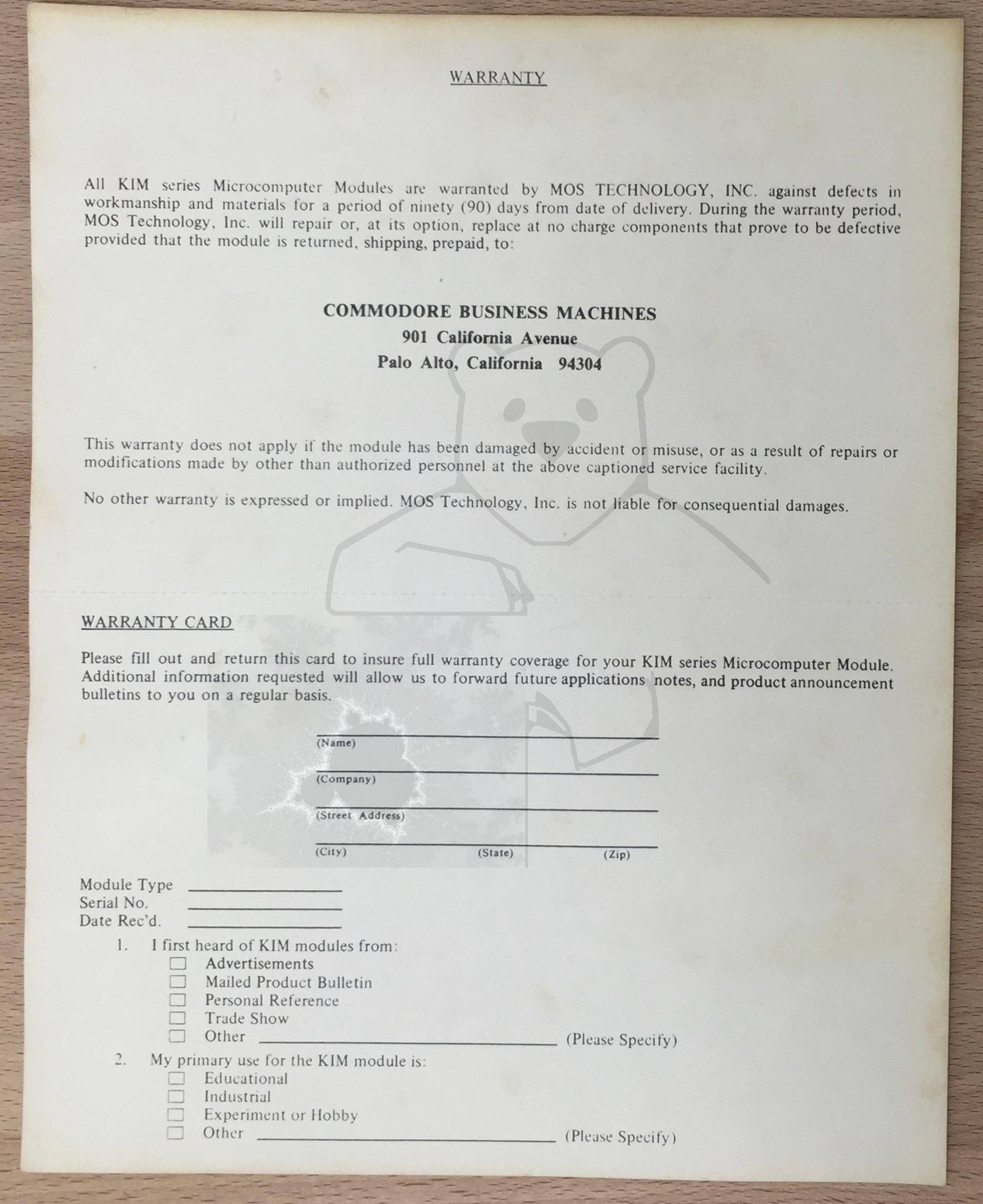 Commodore MOS KIM-1 - Garantiekarte Rückseite